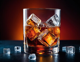 In this vivid image, a crystal clear glass is decorated with rich shades of alcoholic drink, elegantly poured and surrounded by sparkling ice cubes.