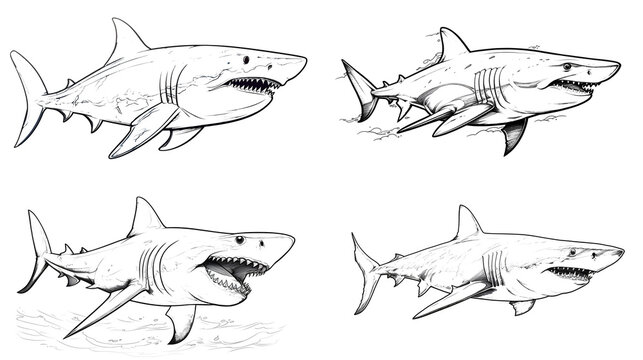 Coloring book page of shark. Pencil sketches for kids coloring for art projects. Generative AI.