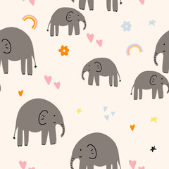 Animals Parent with Baby. Elephant animal. Brightly colored childish print. Cute animals for Mother's Day. Colorful kids seamless pattern