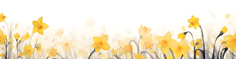 ink and water sketch of daffodil flowers background banner - obrazy, fototapety, plakaty