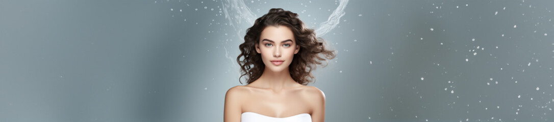 Naklejka premium Elegante Kosmetikpräsentation - Ein ansprechendes Bild eines Kosmetikmodels vor einem femininen Hintergrund mit viel Platz für weitere kreative Gestaltungsmöglichkeiten