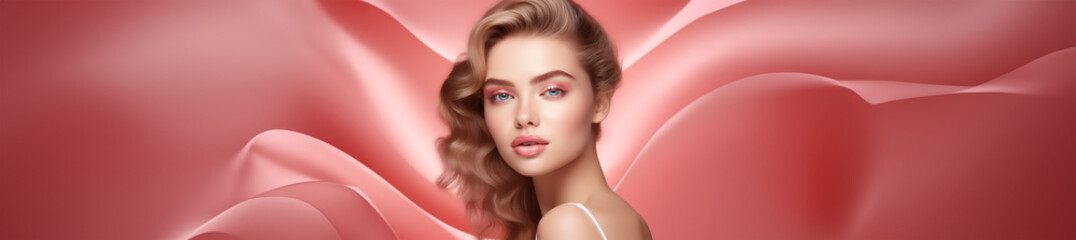 Elegante Kosmetikpr&auml;sentation - Ein ansprechendes Bild eines Kosmetikmodels vor einem femininen Hintergrund mit viel Platz f&uuml;r weitere kreative Gestaltungsm&ouml;glichkeiten