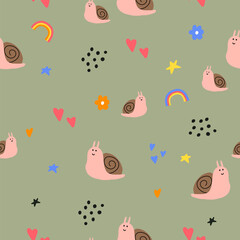 Animals Parent with Baby. Snail animal. Brightly colored childish print. Cute animals for Mother's Day. Colorful kids seamless pattern