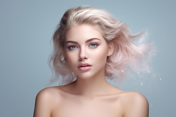 Fototapeta premium Elegante Kosmetikpräsentation - Ein ansprechendes Bild eines Kosmetikmodels vor einem femininen Hintergrund mit viel Platz für weitere kreative Gestaltungsmöglichkeiten
