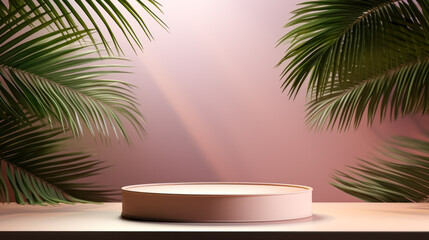 Fototapeta premium podium for product presentation with palm leaves on the background