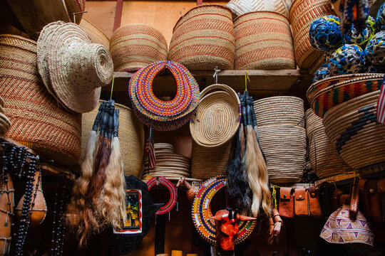 African wooden Masks, beaded decorations and souvenirs