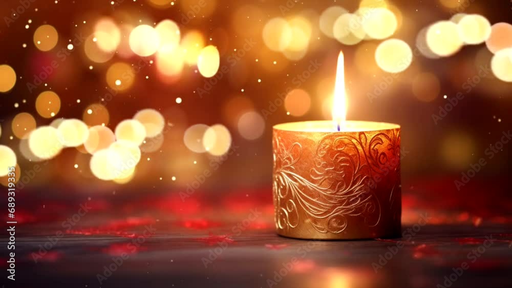 Wall mural christmas candle on a background of bokeh lights. animated fire of light. one minute loop animation.