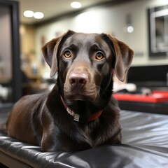 Fototapeta premium Portrait of a dog in a veterinary clinic, a cute animal sits in the corridor. Concept: An animal is being examined by a doctor.