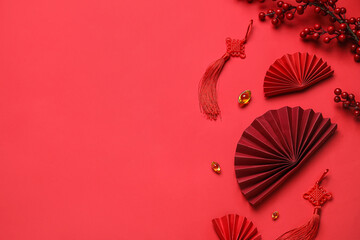 Composition with different Chinese symbols on color background. New Year celebration
