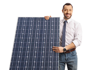 Professional man behind a solar panel