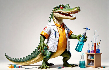 anthropomorphic caricature Crocodile wearing a chemistry clothing with chemical tools
 - obrazy, fototapety, plakaty