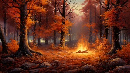 Wildfire of autumn leaves creating a vibrant spectacle in a wooded glade - obrazy, fototapety, plakaty
