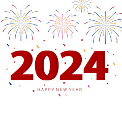 2024 happy new year firework, confetti poster banner on white background. Flat style vector illustration.