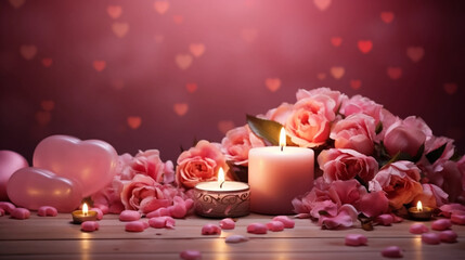 copy space, stockphoto, beautiful valentine background with some candles and romatic colors. Romantic background or wallpaper for valentine’s day. Beautiful design for card, greeting card. Valentine m