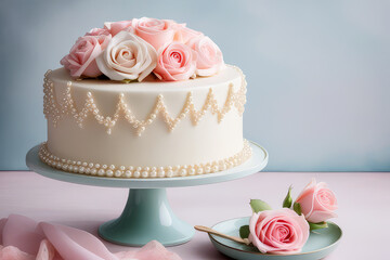 Obraz na płótnie Canvas St. Valentine`s Day cake decorated with buttercream roses and candy pearls on light blue background. Romantic present. Sweet Valentine, Happy Birthday, bakery, confectionery concept.Generative AI 