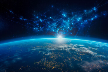 Obraz premium Earth from space showing the connection lines and city lights.