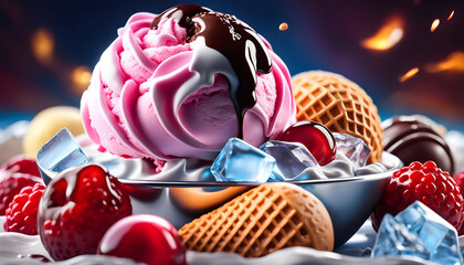 Delicious scoop of ice cream with tasty additives, scoop of vanilla ice cream, topping, chocolate...