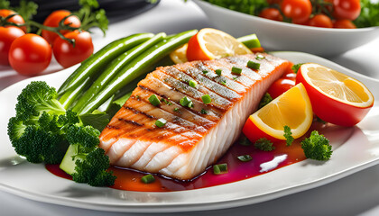 Fish dish - fish fillet and vegetables, tuna fillet and vegetables isolated on white background,