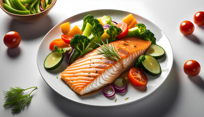 Fish dish - fish fillet and vegetables, tuna fillet and vegetables isolated on white background,