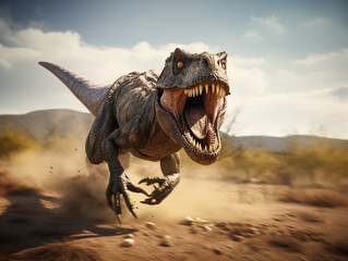 Raptor Dinosaur Charging with Ferocity, Teeth Bared, Captured in Dynamic Motion