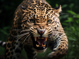 Angry Jaguar Charging with Power, Teeth Bared, Captured in Dynamic Motion with Shallow Depth of Field
