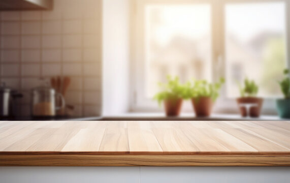 Wooden table top with blurred kitchen background. Empty countertop with copy space