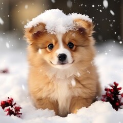 Cute Happy Beautiful Christmas Winter Dog Background - Animal Christmas Wallpaper with Empty Copy Space - Snowy Bokeh Snowflake Dog Backdrop created with Generative AI Technology