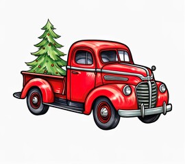 red christmas truck with christmas tree on white background