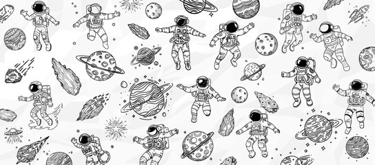 Fototapeta premium Galaktische Abenteuer: Lineart Vektorgrafik-Bundle von Astronauten, Planeten, Sternen, Raketen und Meteoriten