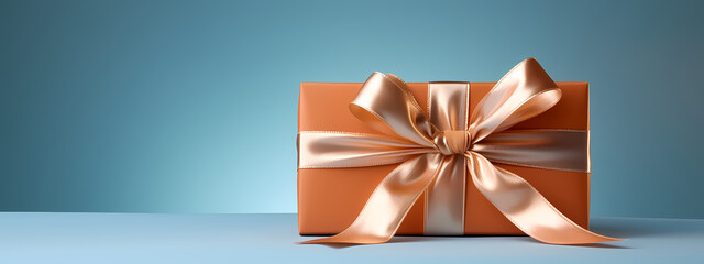 A high-detail image of an elegantly wrapped gift box, featuring a luxurious satin bow