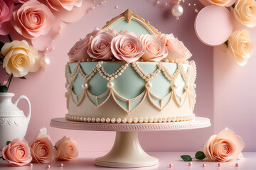 St. Valentine`s Day cake decorated with buttercream roses and candy pearls on pink pastel background. Romantic present. Sweet Valentine, Happy Birthday, bakery, confectionery concept.Generative AI 