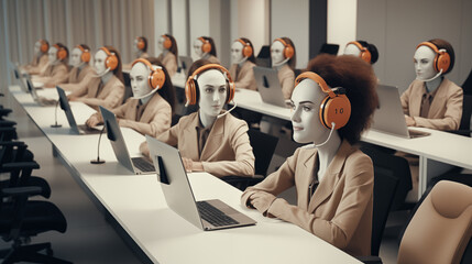 Automatic call center operatoer concept with female robot answering customer calls