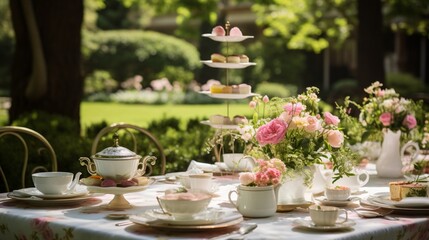 A charming garden party with dainty tea sets, petit fours, and vibrant botanical arrangements adorning the tables. - obrazy, fototapety, plakaty
