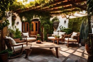  an artistic interpretation of a vintage villa patio with rustic wooden furniture, aged accents, and climbing vines