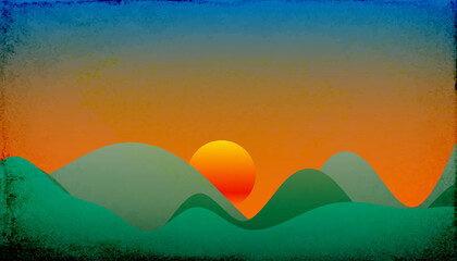 Vector Afterglow Green Hill Landscape Illustration -  View with Rolling Hills and Sunset
