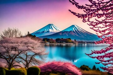 a futuristic interpretation of Mt. Fuji and cherry blossoms, set in a surreal environment with...