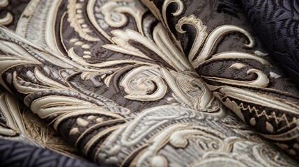 A close-up view of intricately woven jacquard textile in muted tones, showcasing the meticulous craftsmanship.