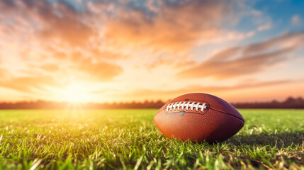 American football ball on green grass field with sunset sky background. Copy space.