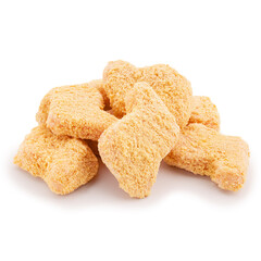 Semi finished chicken nuggets isolated on white background. Uncooked crunchy golden pieces of nuggets in breaded as heap.
