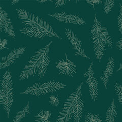 Seamless pattern with fir branches. Vector illustration. Green background