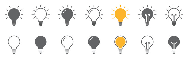 Set of light bulb icons. Lighting, electric lamp, led lights. Electricity symbol. Vector.