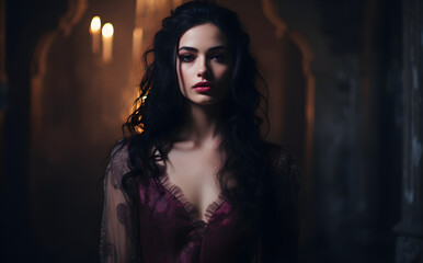 Attractive seductive woman with makeup and elegant vintage sexy dress posing in a church. Scary and glamorous portrait of a female in gothic fashion. Horror and fantasy concept