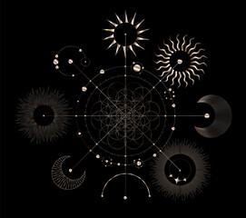  Gold celestial art  - visualization of sacred geometry vector templates - vector concept of divine cosmogonies symbols - 689325193
