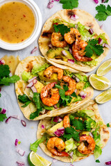 Shrimp taco with hot sauce and lime.style hugge.