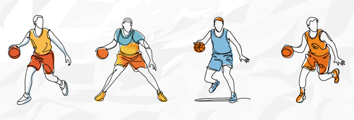Basketball-Fever: Lineart Vektorgrafik-Bundle von Basketballspielern in bunten Outfits © Nico Ladewig
