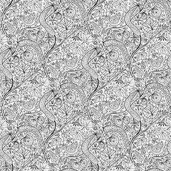 Seamless pattern, ornament with cucumbers, tomatoes, birds in black and white graphics. Small format. Digital illustration. Suitable for interior decoration, wallpaper, fabrics, clothing, stationery.