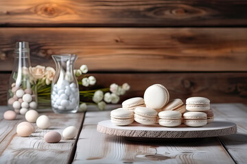 Elegant indulgence, Macarons on a wooden table a sophisticated stock photo capturing the delicate beauty and exquisite flavor of these sweet treats.