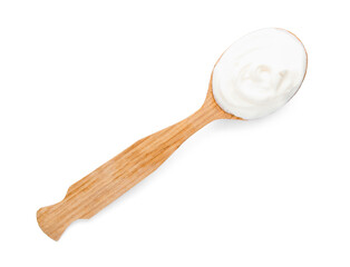 Wooden spoon with delicious yogurt on white background