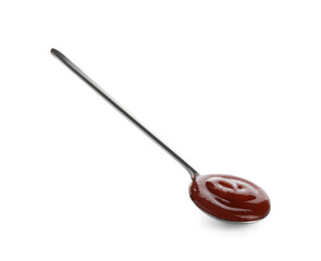 Metal spoon with tasty ketchup on white background