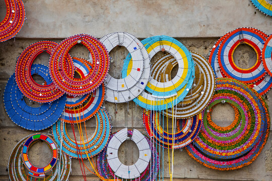 African wooden Masks, beaded decorations and souvenirs